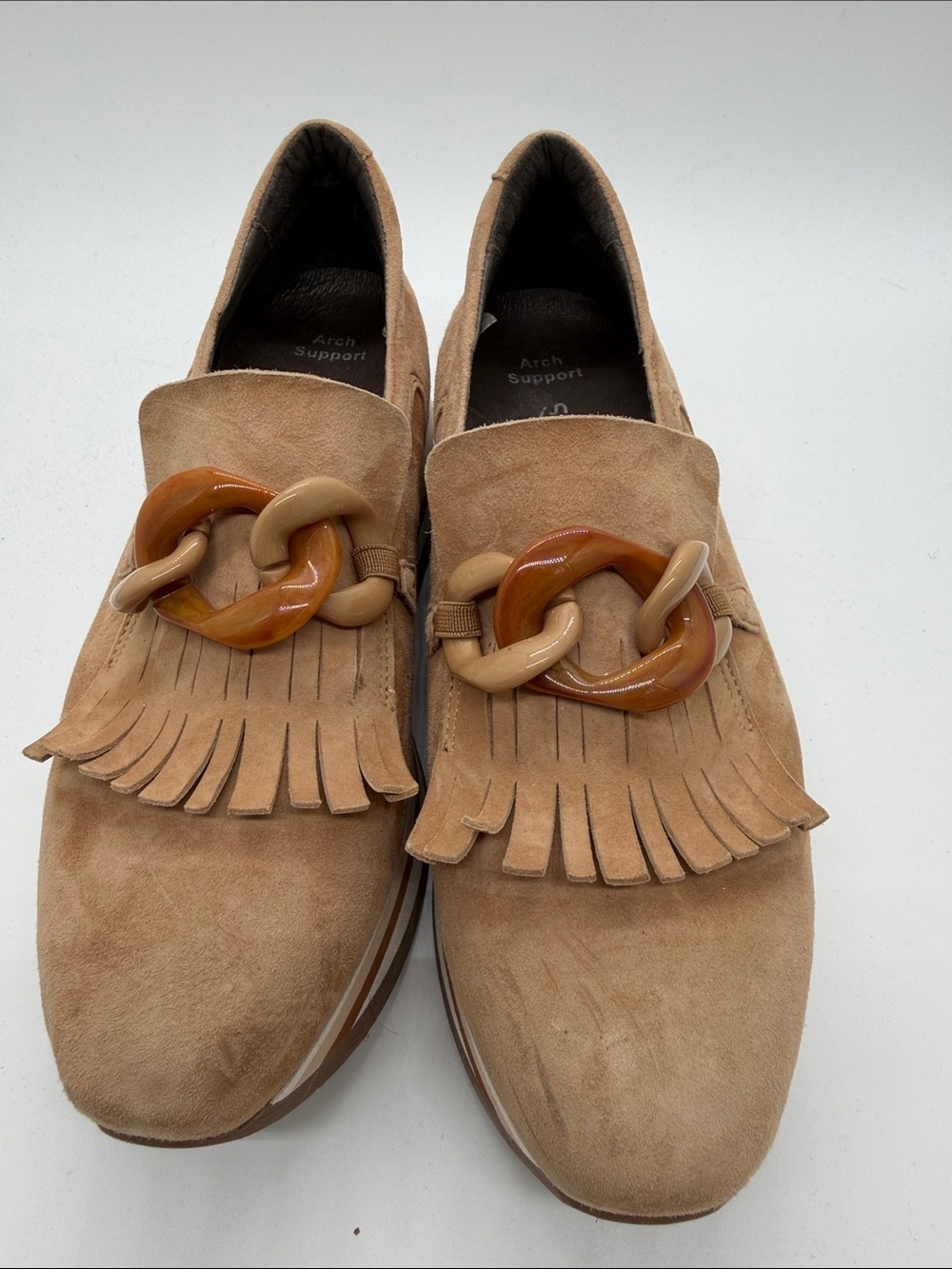 Men's Suede Fringe Slip-On Loafers with Chain Accent - Tan